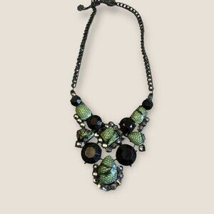 Born To Rule Black Chain Statement Necklace With Green & Black Gemstones